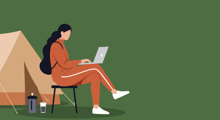 Woman working on laptop at a campsite, combining remote work with outdoor adventure. Represents modern lifestyle, freedom, and digital nomadism.