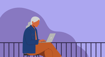 An elderly woman works remotely on her laptop from a balcony, embodying modern work-life balance and digital engagement for seniors. Ideal for business and lifestyle themes.