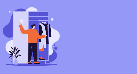 Person selecting outfit from a modern wardrobe at home. Represents daily routine, personal style, and efficient organization. Lifestyle concept.