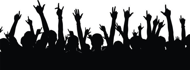 Silhouette of cheering crowd with raised hands at music concert festival party celebration isolated vector illustration