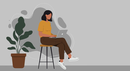 Woman working remotely on a laptop in a modern, minimalist setting with a houseplant, depicting flexible work, productivity, or online learning.