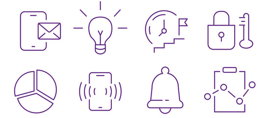 Modern business icons representing communication, ideas, progress, security, analytics, and notifications.