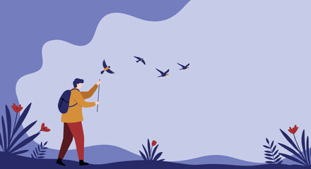 Person with backpack and walking stick exploring nature with flying birds. Represents travel, adventure, freedom, and outdoor lifestyle.
