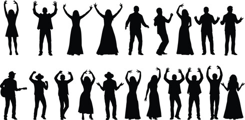 Silhouettes of dancing men and women in various poses including guitar player, party moves, and celebration gestures on white background