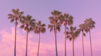 seven palm trees against pastel pink and lavender sky minimal scene