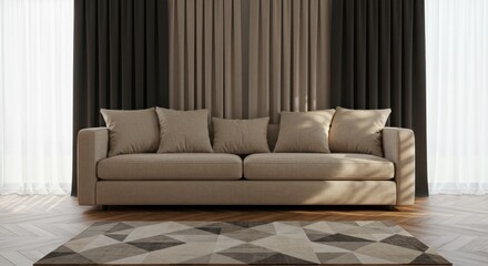 Fototapeta premium A beige couch with four pillows sits before layered brown and white curtains. A geometric rug lies on a wood floor. Sunlight streams