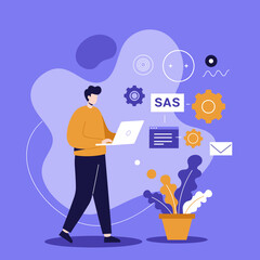 Person using a laptop amidst abstract tech elements, symbolizing SAS software, data management, business analytics, and IT development.