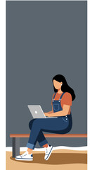 Casual young woman works on laptop outdoors, illustrating remote work, flexible learning, or a digital lifestyle.