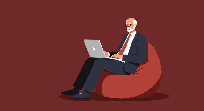 Senior businessman comfortably working on laptop from a beanbag chair, illustrating remote work, flexible lifestyle, and digital productivity.