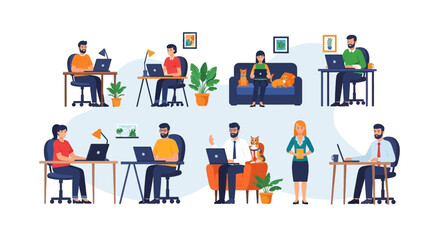Diverse people working remotely from home or office, using laptops. Depicts modern flexible work arrangements and digital communication.
