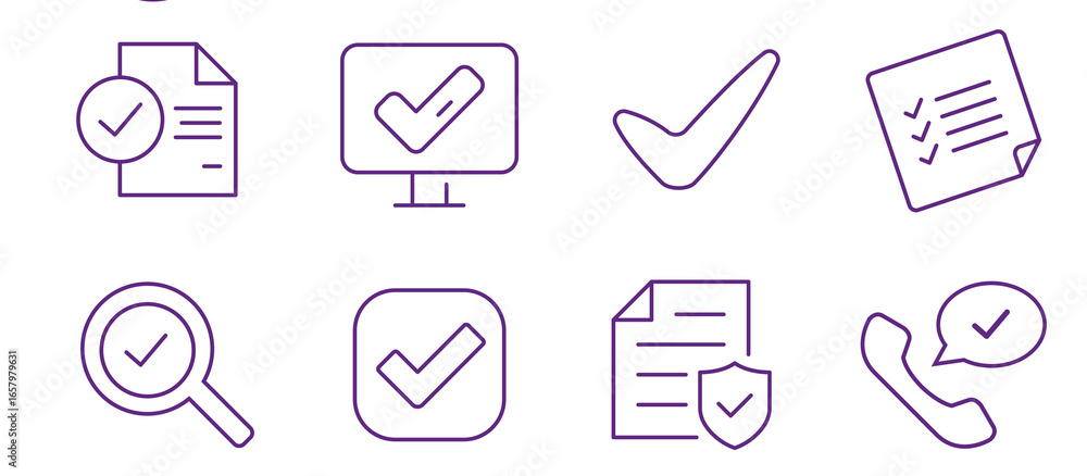 Poster collection of purple line icons symbolizing verification and approval across various digital and adm