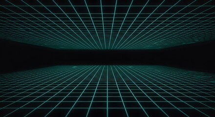 Symmetrical RetroFuturistic Cyan Grid Planes Creating an Infinite Digital Tunnel.