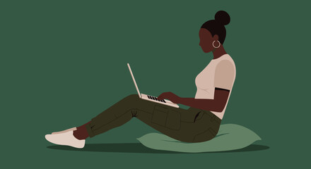 African American woman working remotely on laptop from home, embodying productivity, comfort, and modern lifestyle. Ideal for remote work, education, or digital concepts.