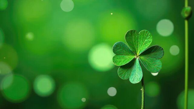 Four-leaf clover bringing luck on green background with bokeh effect