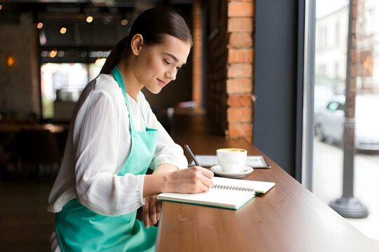Cafe waitress taking orders writing in notebook with coffee cup in a restaurant setting