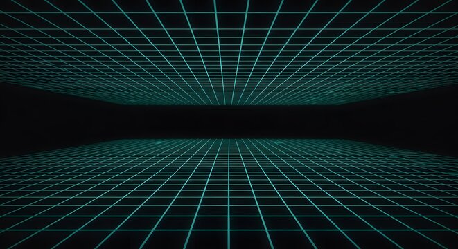 Symmetrical RetroFuturistic Cyan Grid Planes Creating an Infinite Digital Tunnel.