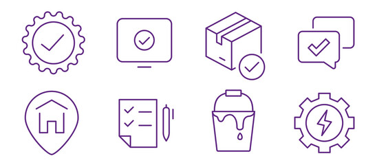 Collection of simple icons representing approval, tasks, delivery, and services.