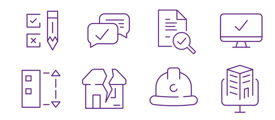 A collection of icons representing construction, planning, and approval processes.