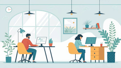 Two professionals focused on their work at desks in a modern, plant-filled office. Ideal for business, technology, and productivity themes.