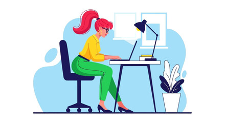Woman working on laptop at a modern desk. Ideal for remote work, online learning, business, productivity, or freelance concepts.