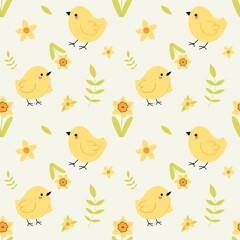 Easter seamless pattern with chickens and 
narcissus. Spring pattern with flowers. 
On a light background