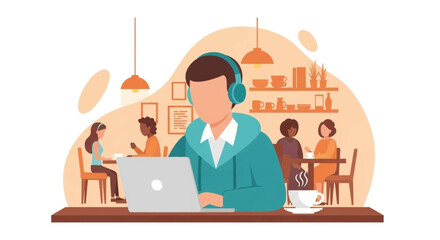 Focused person in headphones works on laptop at a vibrant cafe, enjoying coffee. Ideal for remote work, freelance, digital nomad, or casual business concepts.