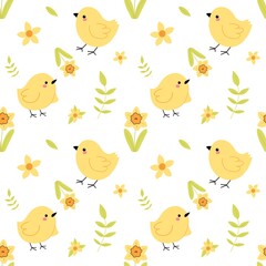 Easter seamless pattern with chickens and 
narcissus. Spring pattern with flowers. 
On a transparent background