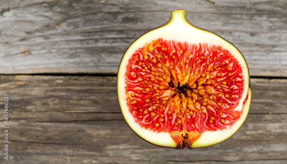 Poster a close-up view of a halved fig, showcasing its vibrant red flesh and intricate patterns of seeds.