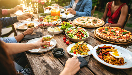Friends and Family Enjoying a Variety of Delicious Food and Drinks at an Outdoor Celebration Table