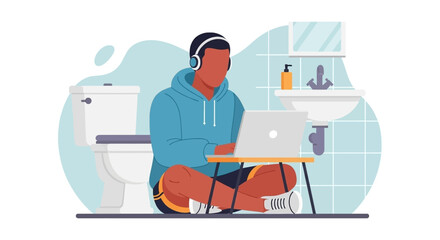 Focused young man in headphones working on laptop from a relaxed, unconventional home bathroom setup. Modern remote work lifestyle.