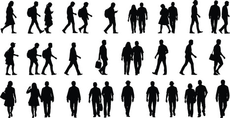 Walking silhouette icon set with 30 black figures in casual poses, bags, backpacks, and pairs