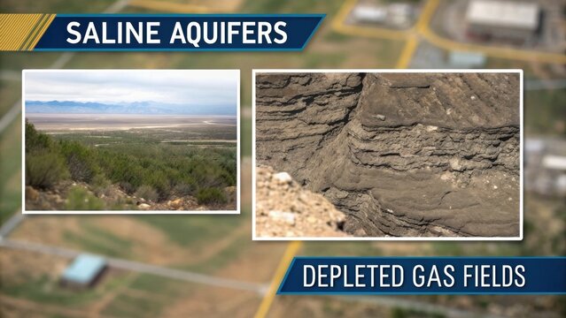 Carbon Capture Technology Saline aquifers and depleted gas fields are depicted, showcasing contrasting geological features.