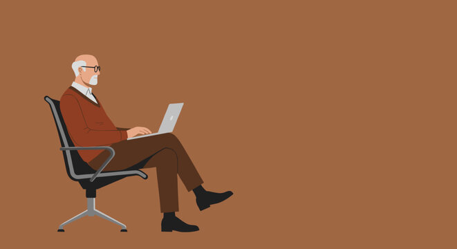 Senior man sitting comfortably in an office chair, diligently working on his laptop. Represents remote work, lifelong learning, and digital engagement for older generations.