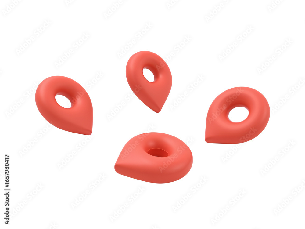 Poster floating coral locator pins, dimensional navigation icons providing location accuracy isolated