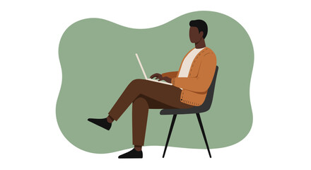 Focused man working on laptop, sitting comfortably. Ideal for remote work, online education, or digital lifestyle concepts.