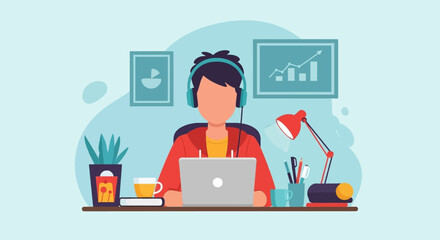 Young person with headphones focused on laptop, working from home or engaging in online learning. Concept of remote work, education, or freelancing.
