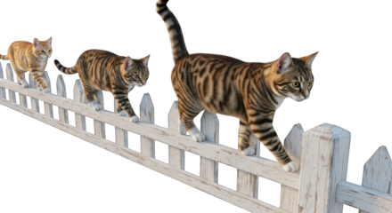Cats balancing in single file on white picket fence against black background