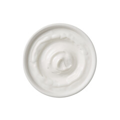 Smooth white cream in a small bowl, showcasing its velvety texture on isolated transparent backdrop