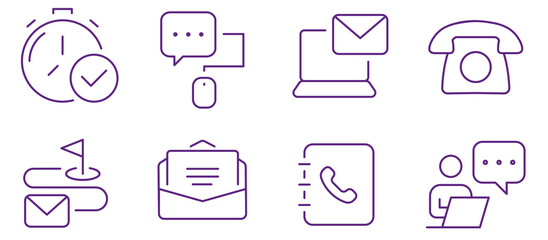 Collection of communication and business icons representing connection, time, and outreach.