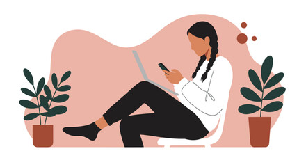 Woman multitasking with laptop and smartphone in a relaxed home setting, ideal for concepts of remote work, digital communication, and online productivity.