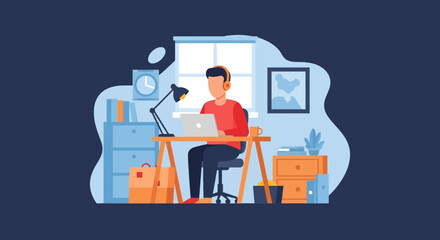 Person working from home on a laptop with headphones, showcasing remote work, online learning, or digital lifestyle concepts.