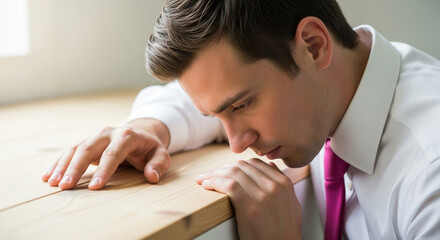 A sad and stressed businessman is leaning on a desk in the office, looking down with a depressed expression