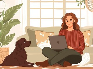 female marketer doing work on a laptop at home with a dog by her side, cartoon style