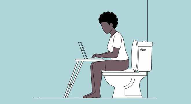 Woman works on laptop from an unconventional space, highlighting remote work demands, multitasking, and blurred work-life boundaries.