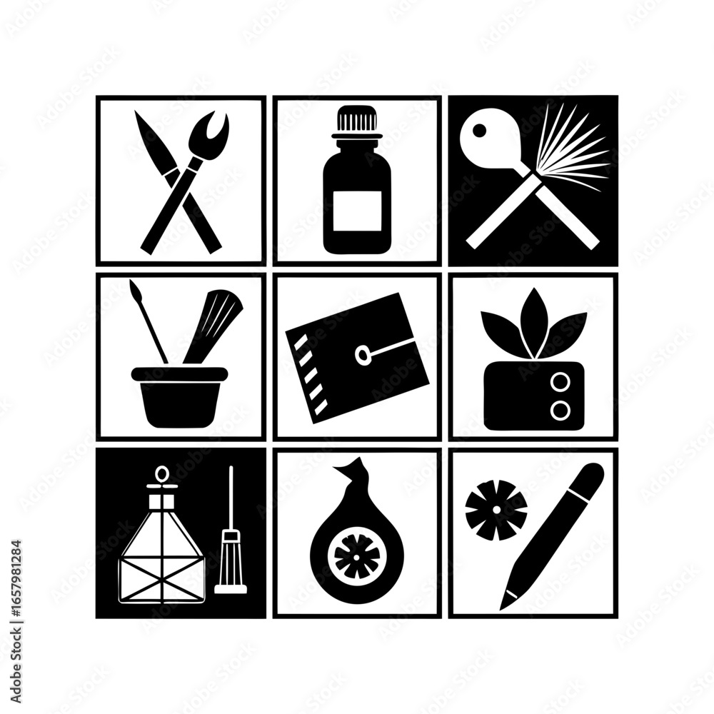 Poster Collection of artistic tools and decorative elements arranged in a square grid pattern design style