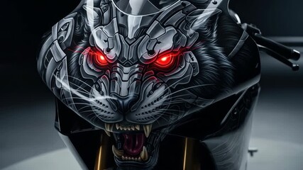 Custom airbrush painting of a biomechanical tiger with red eyes on a black sportbike fairing - Powered by Adobe