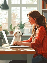 female marketer doing work on a laptop at home with a dog by her side, cartoon style