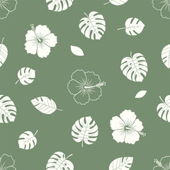Serene tropical botanical pattern with delicate hibiscus flowers and monstera leaves in cream and sage green