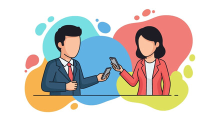Business professionals exchange digital information and connect via smartphones, illustrating modern communication and technological advancement.