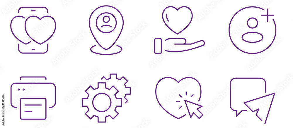 Poster collection of simple line icons representing user interaction, location, and technology.